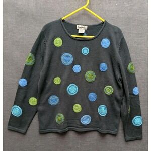 Vintage Timberlea Sweater Felted Wool Planets Circles Black Pullover Size L